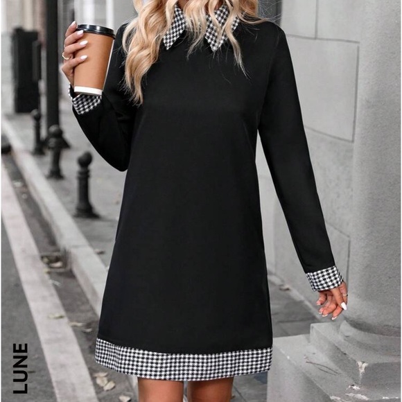 Houndstooth Print Contrast Collar Tunic Dress. 12. - Picture 3 of 4